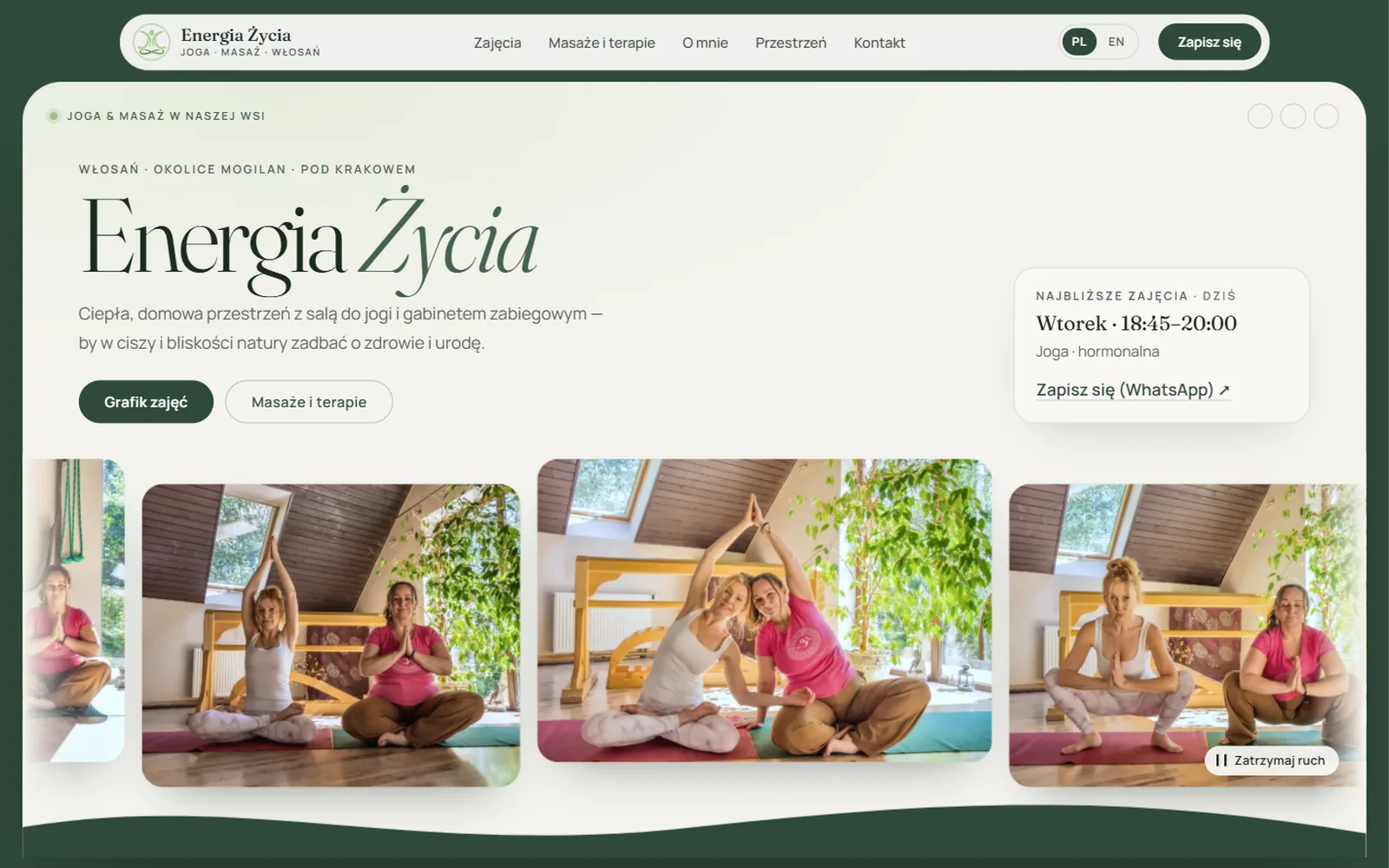 Energia Życia — strona pracowni jogi i masażu z kartą najbliższych zajęć