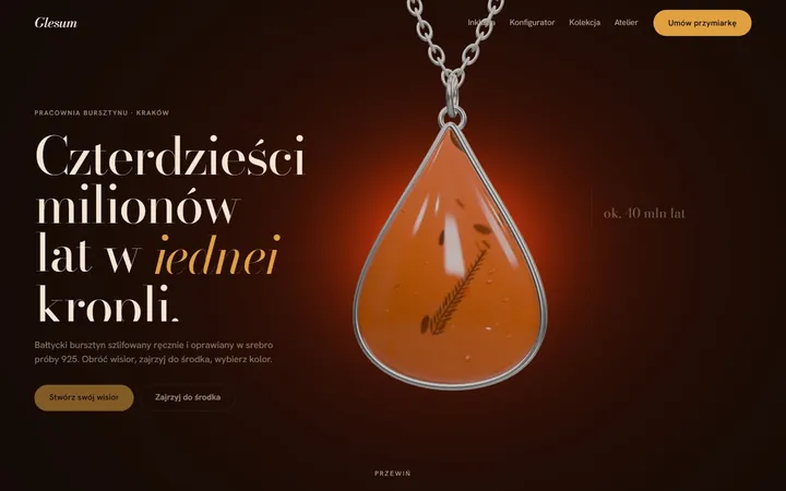 GLESUM — koncepcja strony pracowni bursztynu z wisiorem renderowanym w 3D