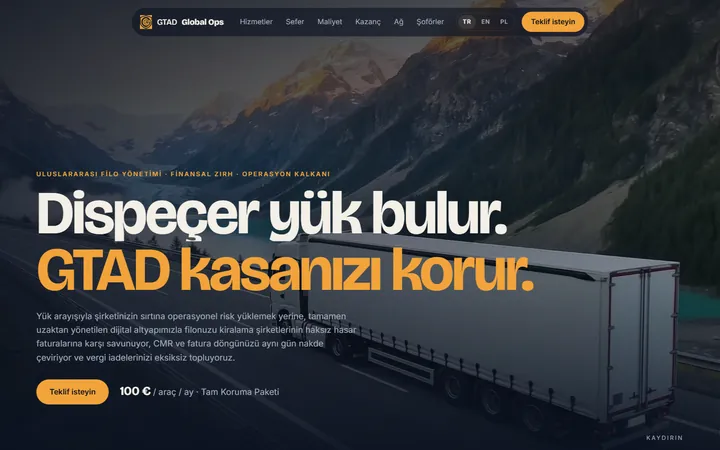 GTAD Global Ops — strona firmy transportowej, ciężarówka na alpejskiej drodze