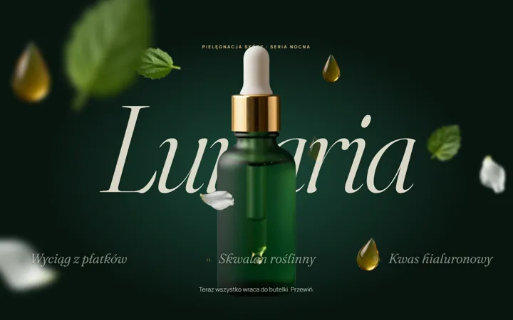 Lunaria — koncepcja strony marki pielęgnacji skóry: zielona butelka serum, wokół krople, płatki i liście